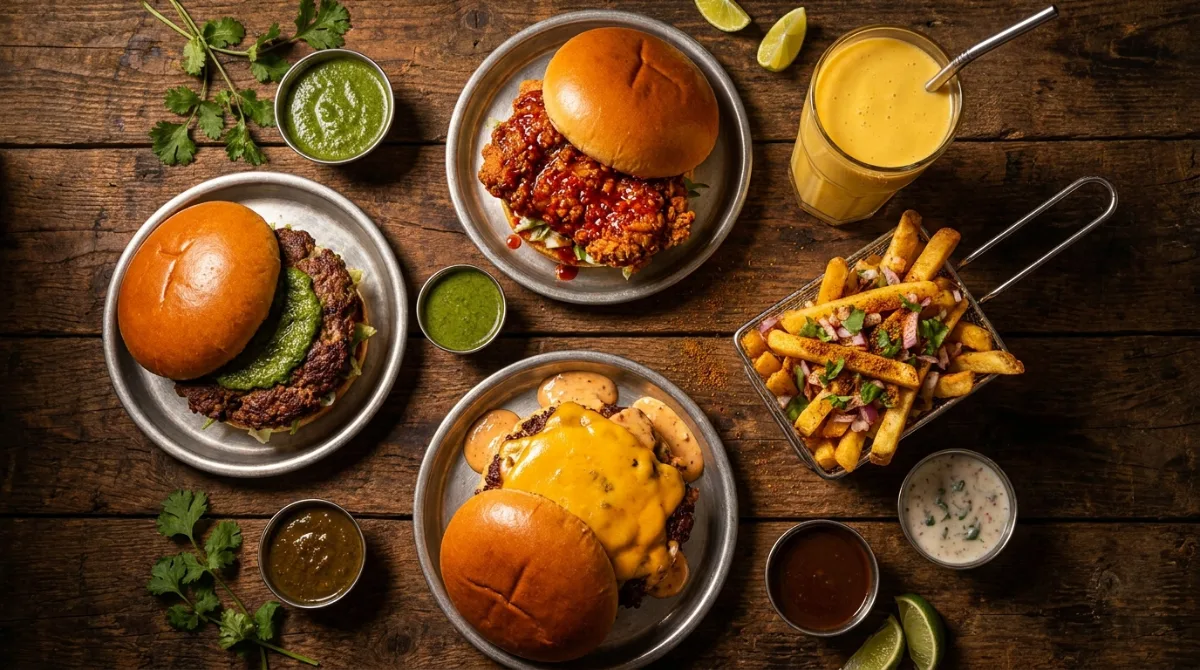 A spread of desi smash burgers, masala loaded fries, chutneys, and a mango milkshake at Burger Bhai in Herndon